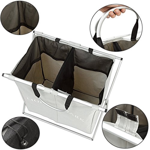 IHOMAGIC Double Sections Light and Dark Laundry Basket – Sturdy Aluminum X-Frame – Large Capacity – Folding Washing Clothes Storage Bins Hamper, Grey - 2