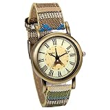 JewelryWe Damen Mädchen Armbanduhr, Charme Casual Retro Analog Quarz Uhr mit Leder & Canvas Stoff Armband, Eiffelturm römische Ziffern Zifferblatt, Khaki Mehrfarbig