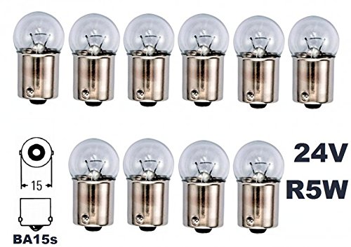 Bombilla incandescente de 24 voltios, 10 unidades, R 5 W, BA15S, 5 vatios, bombillas de cristal Con certificado E [aprobado por la STVZO] - Hallenwerk