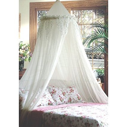 Mosquito Nets 4 U Bed Canopy with Silver Sequined Valance, White