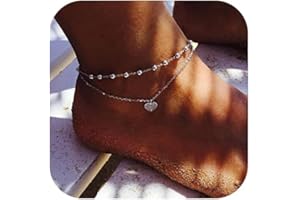 Chaioe Double Anklet Silver Heart Ankle Bracelets Layered Love Beads Foot Chain Jewelry for Women and Girls