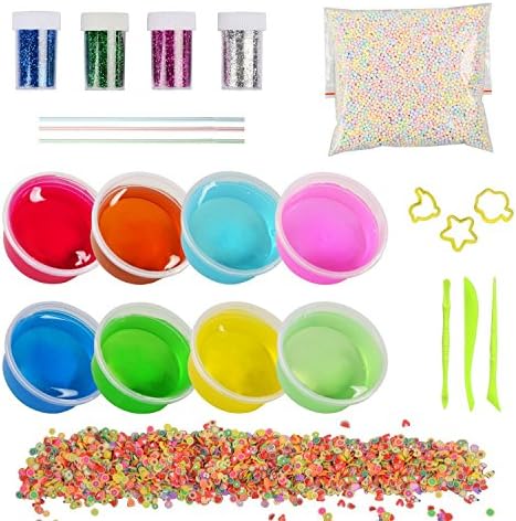 Kids Toys Soft Slime DIY Slime Kit, 8 Pack Non-toxic Crystal Magic Clay Plasticine Mud Toys with 5000PCS Colorful Foam Balls, 1000PCS Fruit Face Decoration, 4 Glitter Shaker Jars, Magic Toys for Children and Adults