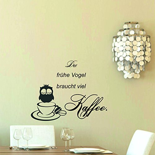 greenluup® Wandtattoo Spruch der frühe Vogel braucht viel Kaffee Küche Esszimmer Schlafzimmer in Schwarz - 4