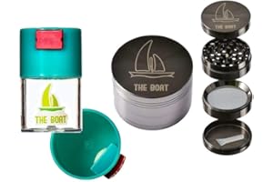 Bote anitolor hermético pequeño resistente al agua y fuertes olores I 50ml de espacio I Ideal para hierba y especias + Grinder metalico ligero 4 piezas THE BOAT color plateado