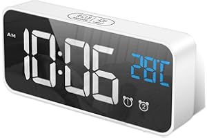 Homvilla Digital Alarm Clock with Large LED Temperature Display for Bedroom or Bedside Table / Mirror Alarm with Dual Alarm Snooze Time / 4 Adjustable Levels of Brightness or Dimming / 13 Music Stations / USB Charging Port