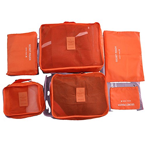Travelmall Luggage Packing Cubes Travel Organizer Mesh Bags 6 Piece Various Size Set Weekender Set - 3 Packing Cubes and 3 Pouches (orange)