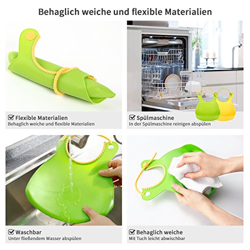 Baby lätzchen mit auffangschale | Weiches | mit wasserdichter Tasche faltbar | einfach zu reinigen | einstellbarem Halsband | BPA freiem | 2 pack,grün/gelb - 3