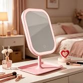 LED Işıklı Makyaj Aynası, 3 Farklı Işık Modu, 360 Derece D&ouml;nd&uuml;r&uuml;lebilir, Dokunmatik Tuşlu (K&ouml;şeli Pembe)