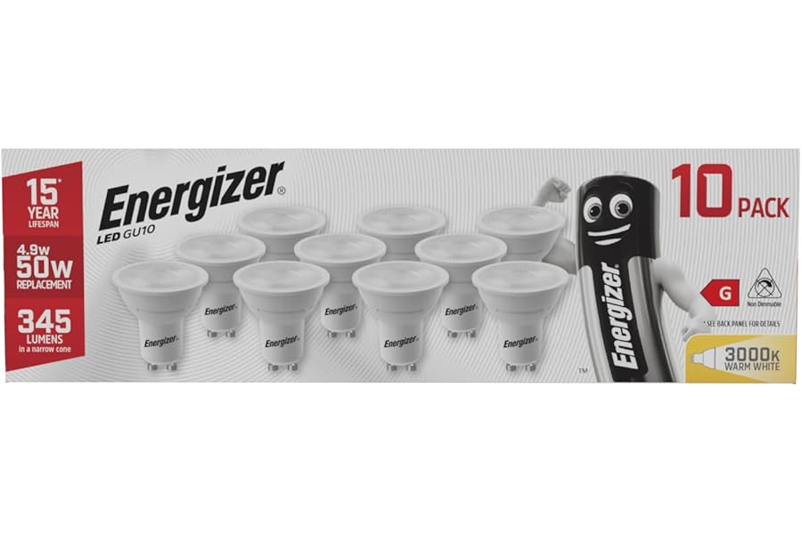 Energizer GU10 LED Bulbs Warm White 3000K Light Bulb Pack of 10 – 50W Halogen Spotlight Bulb Equivalent – 345LM Energy Saving GU10 Non Dimmable LED Bulbs