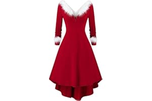 LJHH Costume di Natale da Donna in Velluto A Maniche Lunghe con Scollo A V Vestito da Natale da Donna Rosso Costume da Babbo Natale da Donna Elegante Abito da Festa Elegante Abito da Sera Babbo Natale