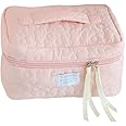 LOZOX Makeup Bag For Travel Cosmetic Bag Cute Nylon Toiletry Bag Puffy Quilted Flower Organizer Bag Large Capacity Handheld Portable Storage Zipper For Women Toiletry Vanity Bag (Pink), 17 Cm