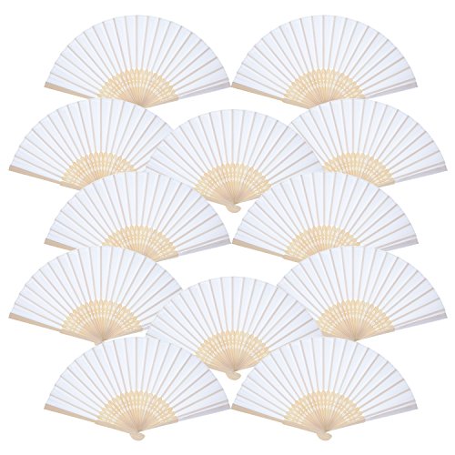 12 Piezas de Abanico de Mano Abanicos Plegables de Bambú Seda para Regalo de Boda de Iglesia, Favores, DIY Decoraciones (Blanco)