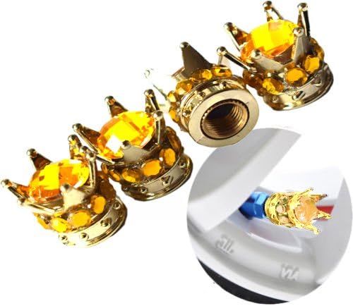 Gold Crown Gold Diamond Stones Chrome Plated Car Wheel Tire Tyre Valve Dust Caps Covers Tire Set of 4 (Gold Crown with Yellow Stones)