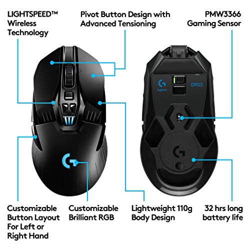 Logitech G903 - Rat  n inal  mbrico para Gaming con Sistema de Carga inal  mbrica POWERPLAY Compatible con Lightspeed - Paquete Alem  n