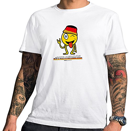 HARIZ  Pixbros Collection Herren T-Shirt Weiß Designs Wählbar Deutschland Trikot WM EM Fahne Inkl Urkunde Bang Sticks Pixbros11: Schlandmoji S
