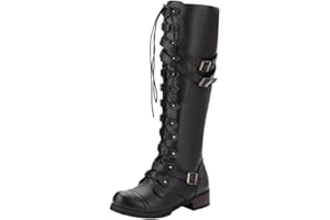Susenstone Bottes Hautes Femme Vintage Steampunk Hiver Le Genou CompenséEs En Cuir à Lacets Sexy Boots Talon Carre Talon Haut Plate