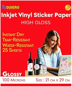 TeQuiero Vinyl Sticker Paper for Inkjet Printer High Glossy, Waterproof, Tear Resistant, Instant Dry, for DIY Stickers Printing Art, Self Adhesive Photo Sheets - 25 Sheets A4 Size