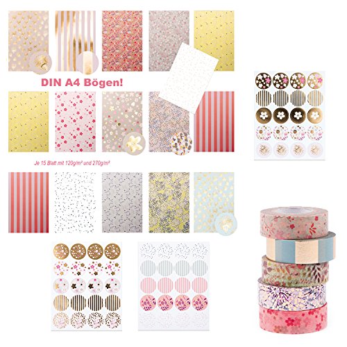 Edles 155-teiliges Set: 30 Blatt Motivpapier, 120 runde Aufkleber + 5 Masking Tapes in rosa gold pastell