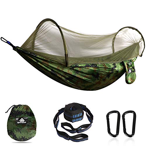NatureFun Hamaca ultraligera para camping| 300kg de capacidad de carga, (275 x 140 cm) Estilo paracaídas de Nylon, transpirable y de secado rápido. 2 mosquetones premium, 2 eslingas de nylon incluidas | Para jardín de interior al aire libre.