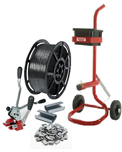 Heavy Duty Manual Hand Pallet Strapping Banding Kit Pack Set - Large Coil Of 12mm Wide Polypropylene Strapping / Mobile Storage Trolley Cart / Tensioner + Sealing Multi Tool / Metal Seals