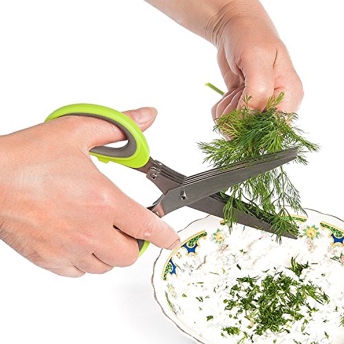 Trenta Kitchen Kräuterschere mit Mehrzweck-Schäler, für Obst und Gemüse, hochwertiges Küchenzubehör, Schere mit 5 Edelstahlklingen, inkl. Schutzhülle und Reinigungskamm grün - 4