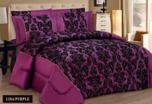 3PC Polyester Taffeta With Microfiber Damask Flock Quilted Bedspread Comforter With 2 Pillow Shams (King, Aubergine Black)