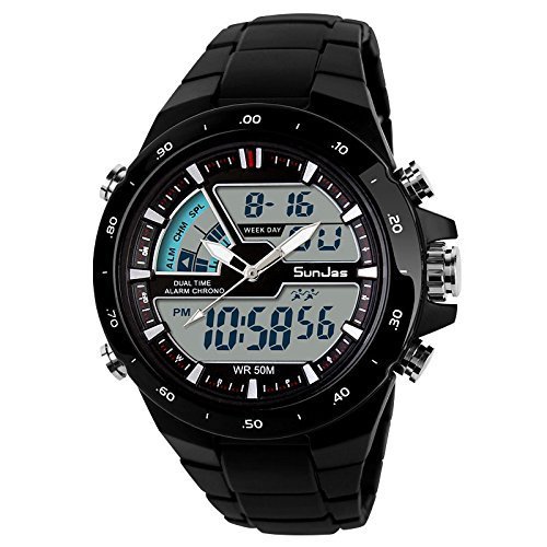SunJas Reloj Deportivo para Hombres Resistente contra Agua de 50m Pulsera Digital con Luces Banda Desmontable de Multifunciones para Deportes Exteriores (Negro)