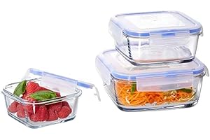 Ritzenhoff & Breker Vorratsdosen 3er Set Mono, Quadratische Frischhaltedosen aus Glas mit 4-Clip-Deckel für luftdichten Verschluss, unterschiedliche Größen, spülmaschinengeeignet, transparent