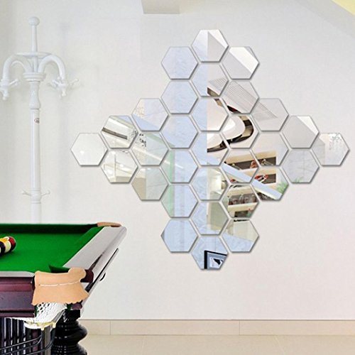 Saingace 12Pcs Spiegel-Hexagon-Vinyl entfernbare Wand-Aufkleber-Abziehbild-Ausgangsdekor-Kunst DIY Wandaufkleber Wandtattoo Wandsticker (Silber)