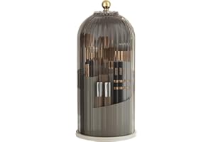 Chrrapte Make Up Cosmetic Organiser, 360 Rotating Makeup Brush Holder Organizer Transparent Dustproof Makeup Brush Organizer with Lid for Dressing Table, Bathroom, Bedroom (Grey)