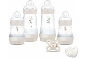 MAM - My Birth Box (6 produktów) Sable - 4 butelki Easy Start Anti-Colique + 1 smoczek dla narodzin + 1 pudełko na miarkę w prezencie - idealny prezent na narodziny z butelkami i ultra miękkim