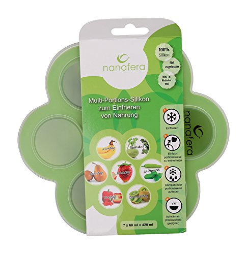 Schadstofffreier Gefrierbehälter aus Silikon mit Deckel zum Einfrieren und Aufbewahren von Babynahrung/Babykost | BPA-frei & FDA zugelassen | Plus kostenlose Rezepte | 7 x 60ml | 100%-Geld-Zurück-Garantie | Grün | nanafera