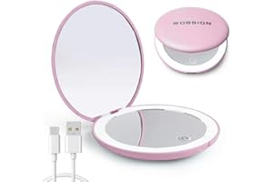 wobsion Compact Magnifying Mirror,Rechargeable 1x/10x Magnification Travel Mirror with Light,Small Makeup Mirror,Pocket Mirror for Purse,Handbag,Handheld 2-Sided Mirror,Dimmable,Gifts for Girls,Pink