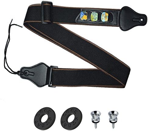 Guitar strap 100% Soft Cotton &amp; Leather Ends with 3 pick holders + Guitar Picks + Strap Locks + Strap Buttons for Bass, Electric &amp; Acoustic Guitar