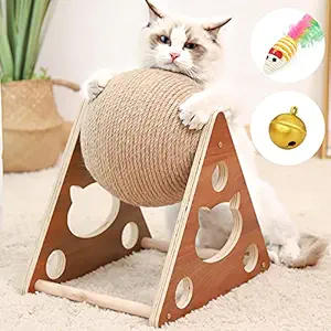 Cat Scratcher Toy Ball, Built-in Bell Natural Sisal Cat Scratching Rotatable Ball, Cat Scratcher Toy, Scratching Ball for Cats & Kittens, Interactive Solid Wood Scratcher Pet Toy for Small Medium cat