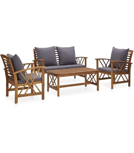 VidaXL Set Divani Da Giardino 5 Pezzi In Legno Massello Di Acacia – 4 Sedie E Tavolino Con Cuscini Grigio Scuro - 6