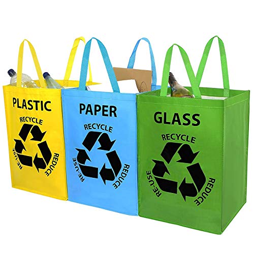 ASAB 3 Pack Recycle Bags 53L Recycling Bags Colour Coded Glass Paper Plastic Kitchen Storage Bin Rubbish Trash Waste Bag Strong Carry Handles