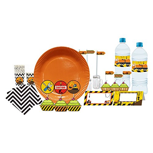 PRETTY UR PARTY Construction theme Tableware Package - 67 pcs include plates, glasses,napkins,cupcake, cake topper,bottle labels,food labels, Party supplies, DIY Cake table setup for kids