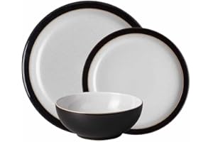 Denby - Elements Black Dinner Set For 4 - 12 Piece Ceramic Tableware Set - Dishwasher Microwave Safe Crockery Set - 4 x Dinner Plates, 4 x Medium Plates, 4 x Cereal Bowls