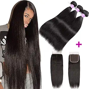 Flady Malaysian Straight Hair 3 Bundles with Free Part Closure Unprocessed 8a Grade Malaysian Straight Virgin Human Hair Bundle with 4x4inch Lace Closure 20 22 24+18inch