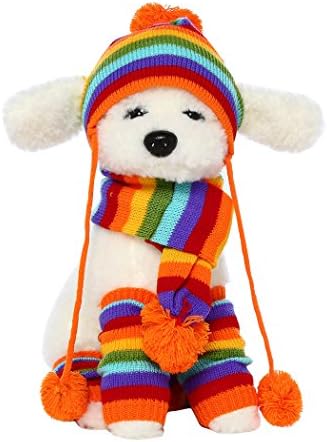 Akemiao Dog Cat Knit Winter Scarf Bobble Hat Pom Poms Cap Stripe Leg Warmers Set for Small Medium Breed
