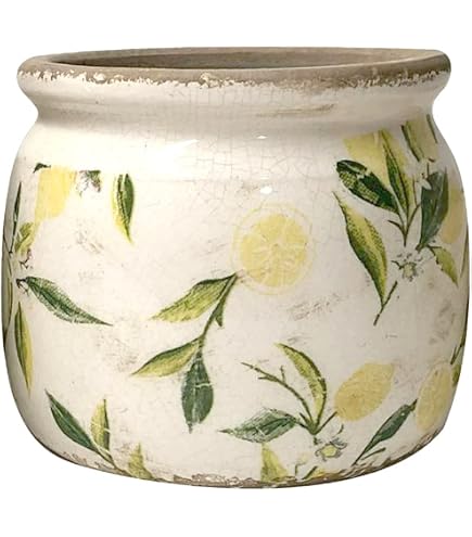 Clayre & Eef Blumentopf Aus Keramik – Zitronen-Muster Im Landhausstil | Innenblumentopf Beige-gelb