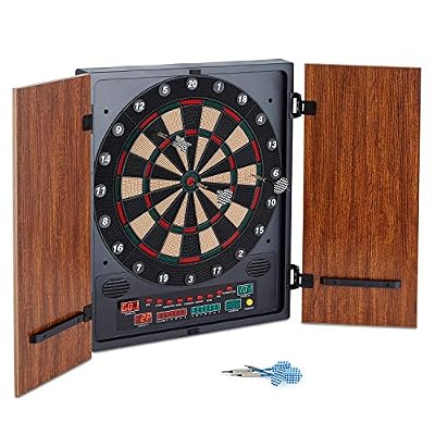 oneConcept Dartmaster 180 Jeu de fléchettes électronique professionnel (27 modes de jeux, 150 variations, porte en bois avec supports, 12 flèchettes, 12 pointes de rechange incluses) - marron