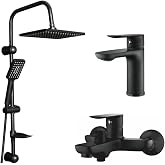 Fleko 3'l&uuml; Modern Banyo Seti, Robot Duş Başlığı, Lavabo ve Banyo Bataryası, Siyah Krom (Siyah nero fleko 3 l&uuml; set)