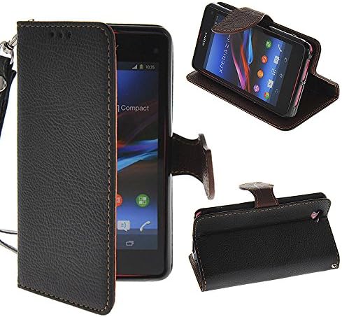 Z1 mini Case,COOLKE [Black] New Design Holster Folio Case Leather Wallet Flip Cover with Card Slots for Sony Xperia Z1 Compact D5503