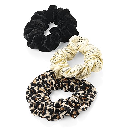 Bling Online Set of 3 Small Size Hair Scrunchie Hair Elastics Bands, Leopard Print, Plain Black and Gold Shimmer.
