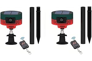 Lancoon 2 Pack Solar Motion Sensor de Alarma Aire Libre con la Mejora de 360 °Detector de Alarma 129db Fuerte Sirena Intermitente luz estroboscópica de con Mando a Distancia para Granja Granero