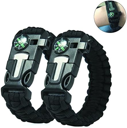 SusuTOP 5 in 1 Survival Paracord Bracelet kit with Compass Flint Fire Starter Scraper knife Whistle Survival Gear Gift for Ourdoor Hunting Hiking Camping Boating Fishing Emergency, 2pcs (Black)
