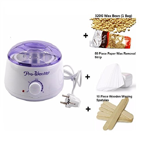 Depilatory Waxing Kit Including 500ML Wax Warmer Pot & 10 Wooden Spatulas & 50 Removal Strip & Wax for Hair Removal