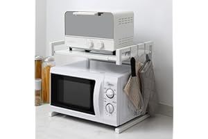 DDMINE Erweiterbares Mikrowellen Regal, 2-stufiges Mikrowellenregal Mikrowellenhalter Organizer Einstellbar Länge für Bäckerregale, Mikrowellenständer mit Haken (Weiß-1PC, 40-65 * 36,5 * 42m)